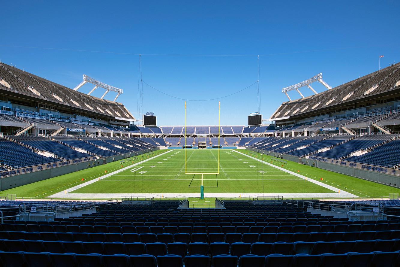 Empty NFL stadium viewed from the end zone, showing yellow goal posts, a bright green football field, and tiered blue seating under a clear blue sky.