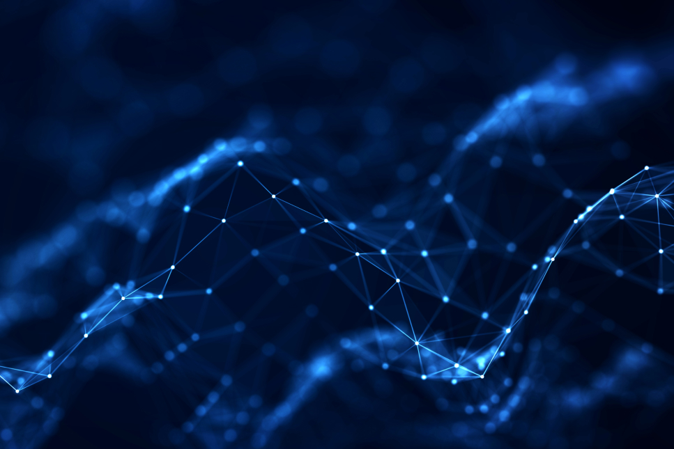 Abstract digital visualization of glowing blue connected nodes and lines forming a wave pattern against a dark navy background, suggesting data flow or network connectivity.