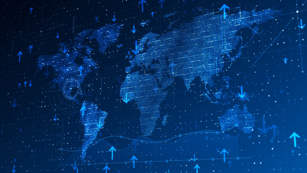 A digital illustration of a glowing world map on a dark blue background, overlaid with upward and downward arrows and data trend lines suggesting global economic indicators.
